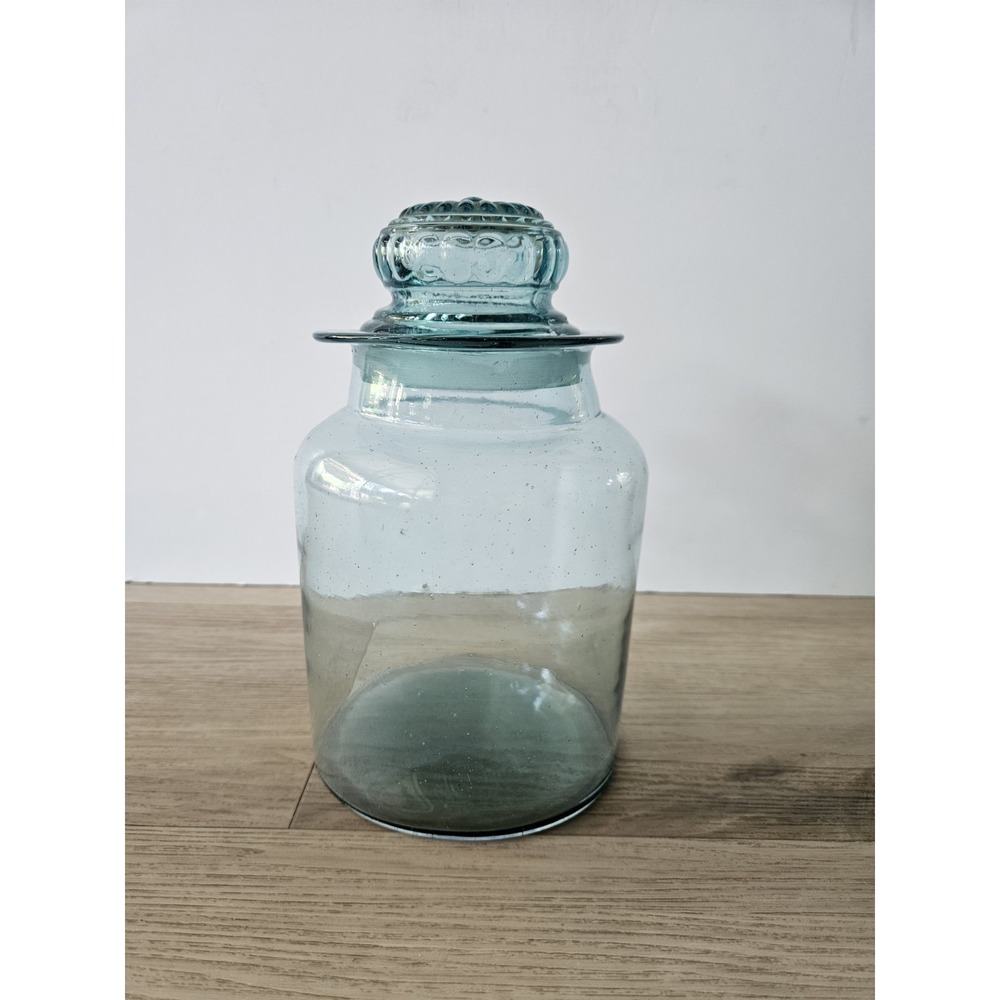 Vtg Takahashi Japan Hand Blown Glass Apothecary Jar MCM Blue Green Canister 9"